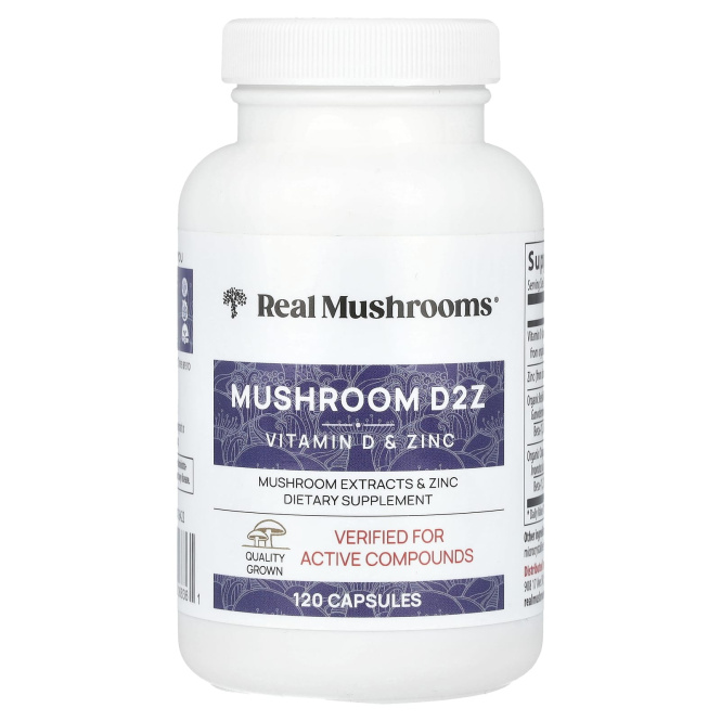 Real Mushrooms, Mushroom D2Z, D2 / бета-глюкан / цинк, 120 капсул