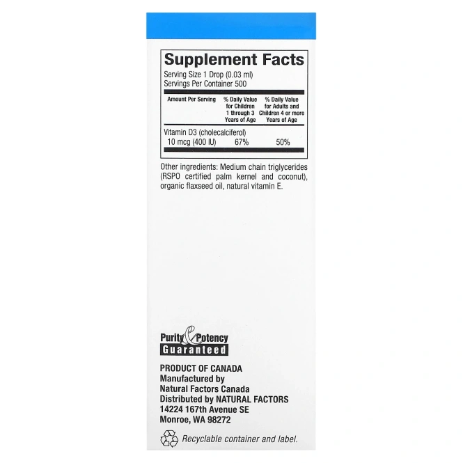 Natural Factors Vitamin D3 400 МЕ в каплях для детей без ароматизаторов, 0,5 ж. унц. (15 мл)