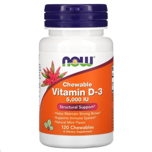 Now Foods, Витамин D3, со вкусом натуральной мяты, 5000 МЕ, 120 жевательных таблеток