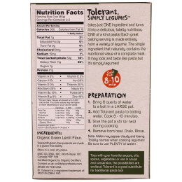 Tolerant, Макароны из органической зеленой чечевицы, пене, 8 унц. (227 г)