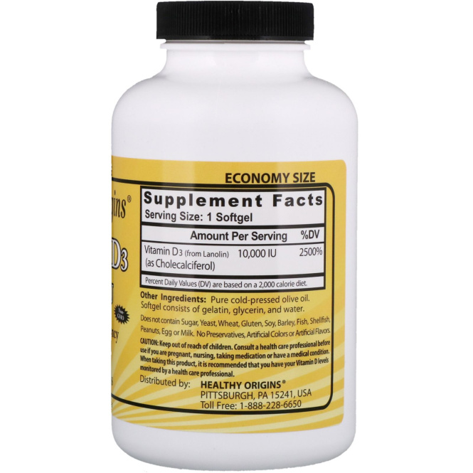 Healthy Origins Витамин D3 10000 МЕ, 360 желатиновых капсул