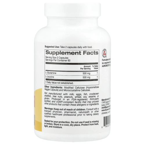 Super Nutrition, L-глютамин + L-лейцин, 120 растительных капсул