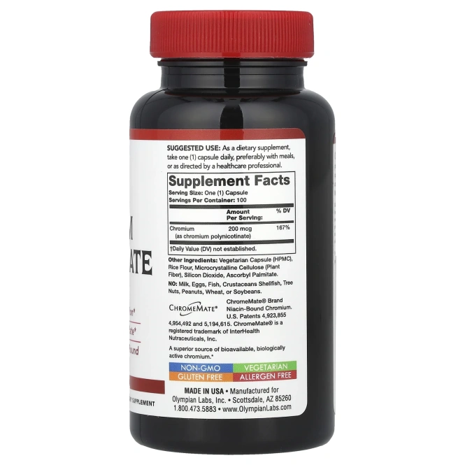 Olympian Labs, Полиникотинат хрома, 200 мкг, 100 вегетарианских капсул
