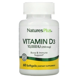 Nature's Plus, Максимальная эффективность, Вит. D3, 10000 МЕ, 60 мягких таблеток