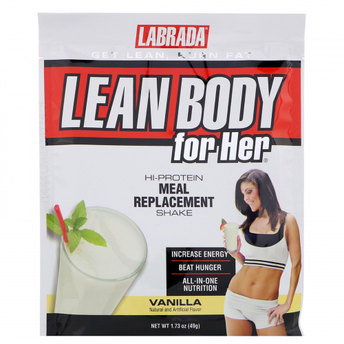 Labrada Nutrition, Коктейль Lean Body для нее, заменитель пищи с высоким содержанием протеина, ваниль, 20 пакетов, 1,73 унц. (49 г) каждый