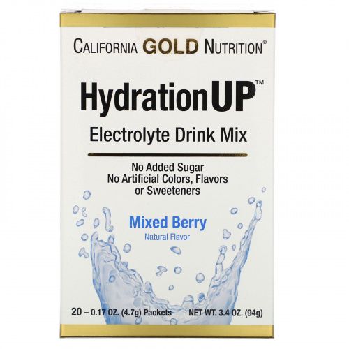 California Gold Nutrition, HydrationUP, смесь для приготовления электролитического напитка, ягодный микс, 20 пакетиков, 4,7 г (0,17 унции) в каждом