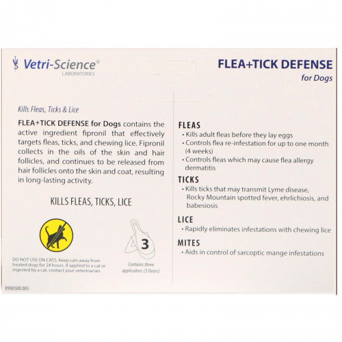 VetriScience, Защита от блох и клещей для собак 89-132 фунтов, 3 аппликатора по 0.136 жидких унций каждый
