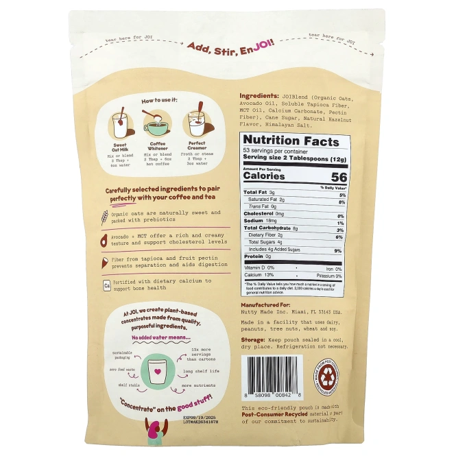 JOI, овсяные сливки, со вкусом фундука, 644 г (1,42 фунта)