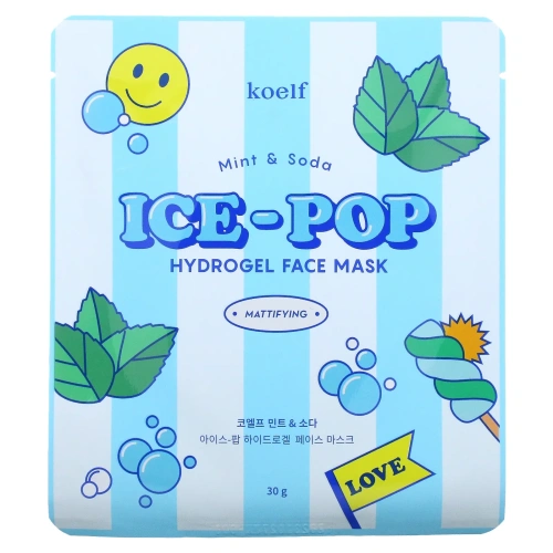 Koelf, Гидрогелевая маска для лица Ice-Pop, с мятой и содовой, 5 шт., 30 г