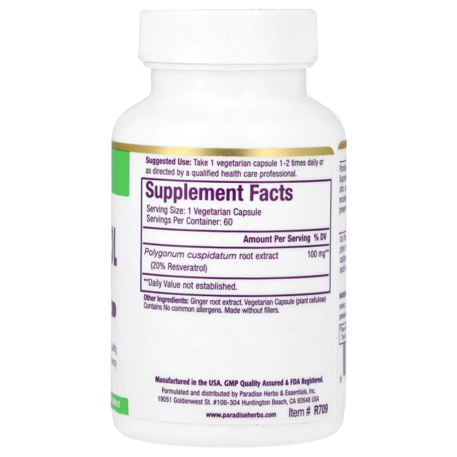 Paradise Herbs, Ресвератрол, 60 вегетарианских капсул