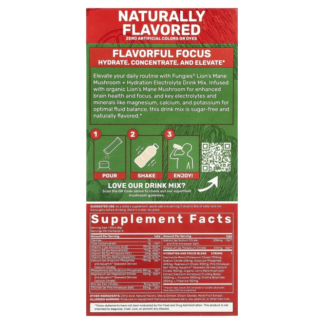 Fungies, ежовик гребенчатый, гриб, гидратация, смесь для приготовления электролитического напитка, вишневый лаймад, 6 пакетиков по 8 г (0,28 унции)