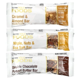 California Gold Nutrition, Foods, батончики-снеки, ассорти вкусов (кленовый сироп, карамель, арахисовая паста), 12 батончиков по 40 г (1,4 унции)
