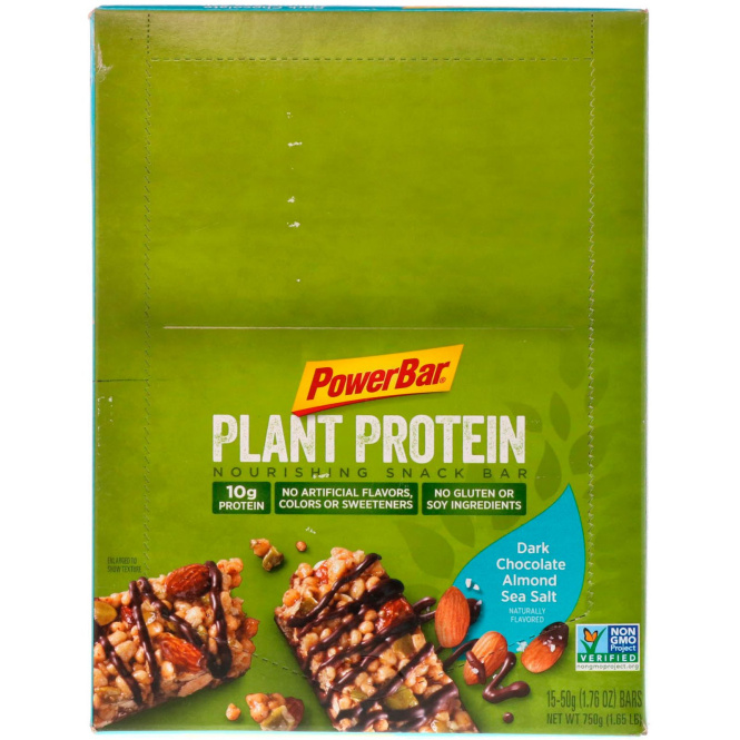 PowerBar, Растительный белок, темный шоколад с морской солью, 15 батончиков, 1,76 унц. (50 г) каждый