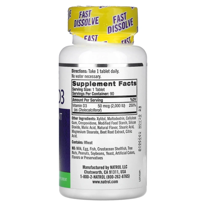 Natrol, Витамин D3, Клубника, 2000 МЕ, 90 таблеток