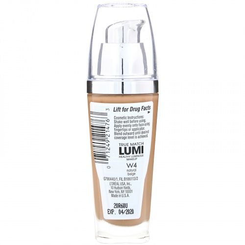 L'Oreal, Тональная основа True Match Healthy Luminous Makeup, SPF 20, оттенок W4 натуральный бежевый, 30 мл