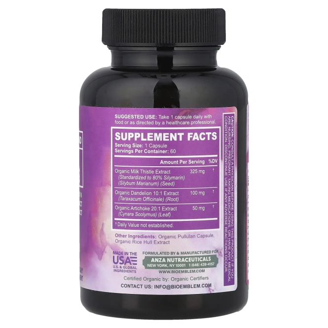 BioEmblem, органическая смесь, средство для очищения печени, 60 растительных капсул
