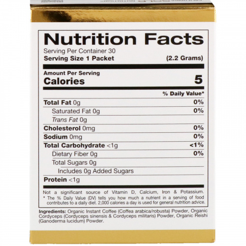 California Gold Nutrition, CafeCeps, сертифицированный органический растворимый кофе с кордицепсом и порошком грибов рейши, 30 пакетов, по 2,2 г каждый