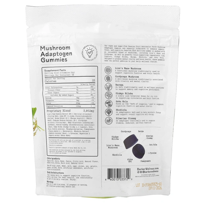 Barker Wellness Co, жевательные грибной адаптоген, со вкусом арбузного пунша, 60 жевательных таблеток