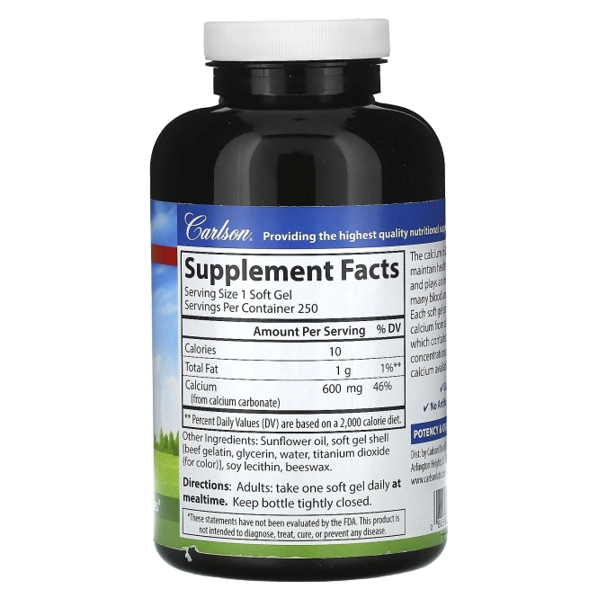 Carlson, Cal-600 с жидкостью, 600 мг, 250 мягких таблеток