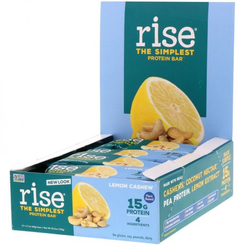 Rise Bar, Простой протеиновый батончик, лимон и кешью, 12 батончиков, 2,1 унц. (60 г) каждый