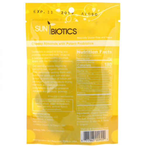 Sunbiotics, Органические пробиотические закуски гурме, сырный миндаль, 1,5 унции (42,5 г)