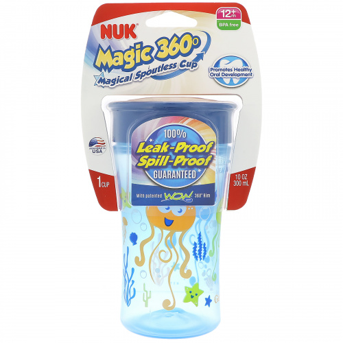 NUK, Magic 360, волшебная чашка-непроливайка, с 12 месяцев, для мальчиков, 10 унц (300 мл)