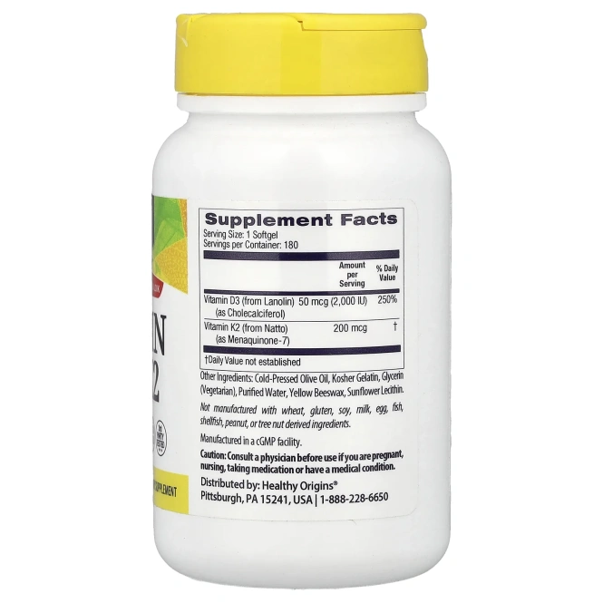 Healthy Origins, Vitamin D3 & K2, 180 Softgels