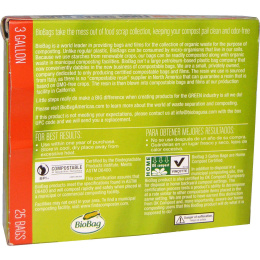 Biobag, Пакеты для пищевых отходов, маленькие, 25 пакетов, 3 галлона, 16,9 дюйма x 17,7 дюйма x 0,64 мил (43 см x 45 см x 16 мкм)