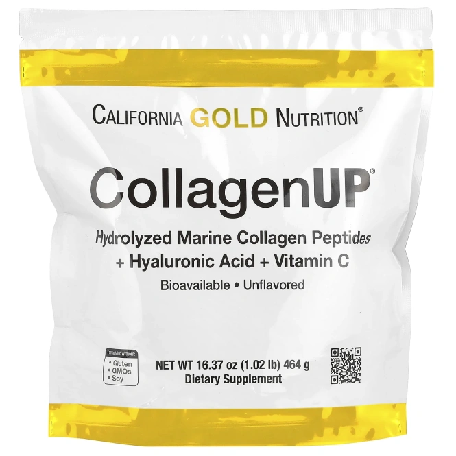 Коллаген California Gold Nutrition UP пептиды коллагена из морских источников с гиалуроновой кислотой и витамином С, без вкуса, 16,36 унции (464 г)
