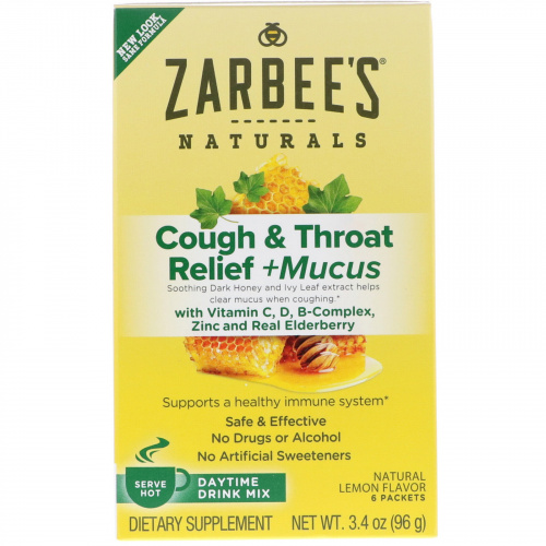Zarbee's, Снижение болезненных симптомов в горле, при кашле, отхаркивание, дневной напиток, натуральный лимонный вкус, 6 пакетиков, 3,4 унц. (96 г) каждый