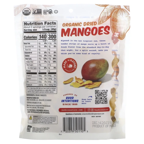 Made in Nature, Органические сушеные плоды манго, Сладкий и пряный суперснек, 3 унц. (85 г)
