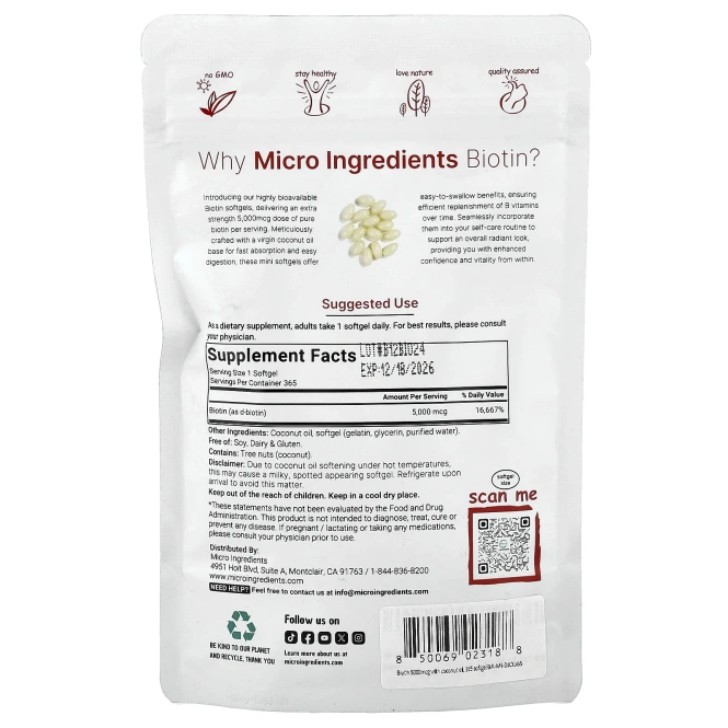 Micro Ingredients, Биотин, 5000 мкг, 365 капсул