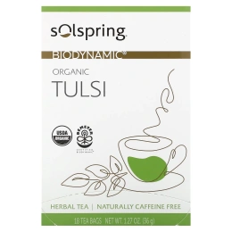 Dr. Mercola, Solspring®, Biodynamic®, органический травяной чай, тулси, без кофеина, 18 чайных пакетиков, 36 г (1,27 унции)
