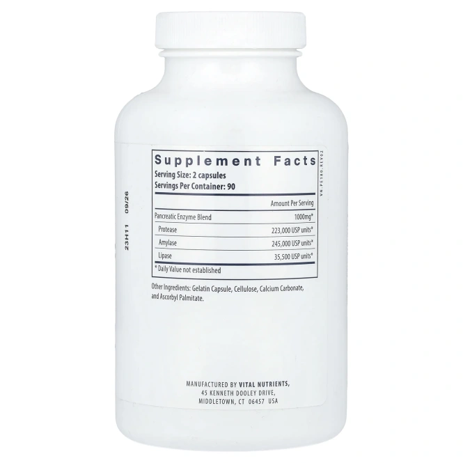 Vital Nutrients, Ферменты поджелудочной железы, 180 капсул
