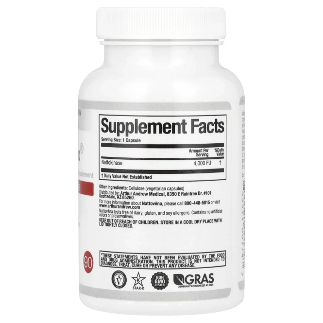 Arthur Andrew Medical, Nattovena, чистая наттокиназа, 200 мг, 90 капсул