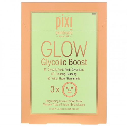 Pixi Beauty, Skintreats, Glow Glycolic Boost, Brightening Infusion Sheet Mask, 3 Sheets, 0.80 oz (23 g) Each