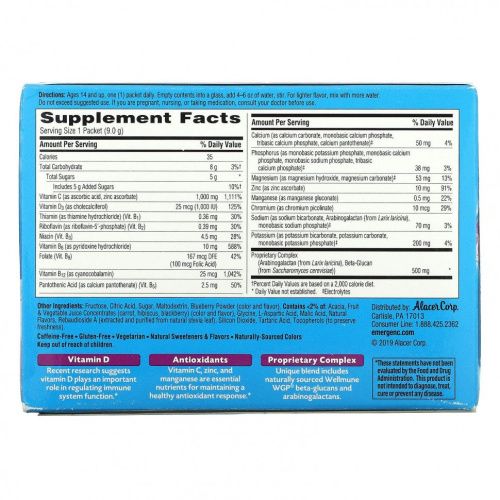 Emergen-C, Immune +,  Vitamin C Plus Vitamin D & Zinc, Blueberry-Acai, 1,000 mg, 30 Packets, 0.32 oz (9.0 g) Each