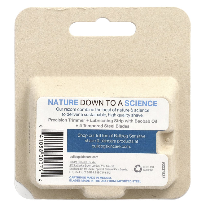 Bulldog Skincare For Men, чувствительные железные лезвия для бритья с маслом баобаба, 4 кассеты
