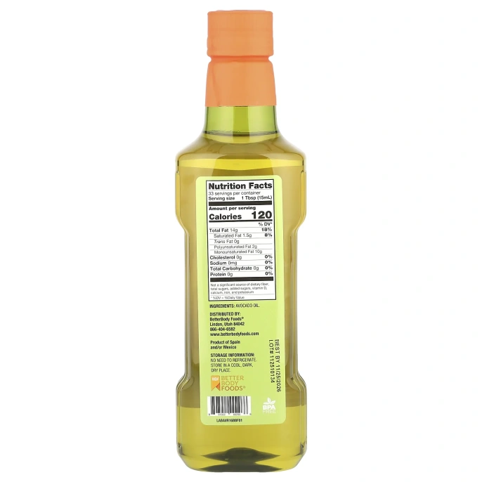 BetterBody Foods, Масло авокадо, 500 мл (16,9 жидк. унц.)
