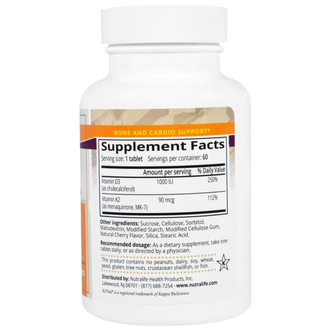 NutraLife, Витамины K2 и D3, 60 легко разжевываемых таблеток