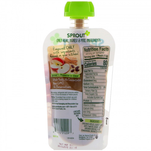 Sprout Organic, Детское питание, Этап 2, Яблоко, овес, изюм с корицей, 4 унц. (113 г)