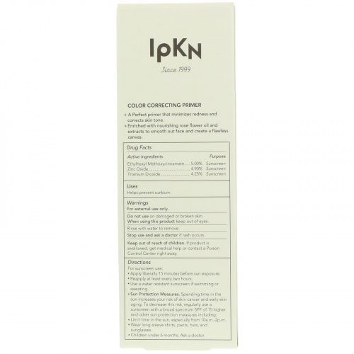 IPKN, Color Correcting Primer SPF 15, Green, 1.35 fl oz (40 ml)