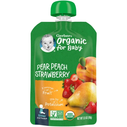 Gerber, 2nd Foods, органическое  детское питание, груша, персик и клубника, 3,5 унции (99 г)