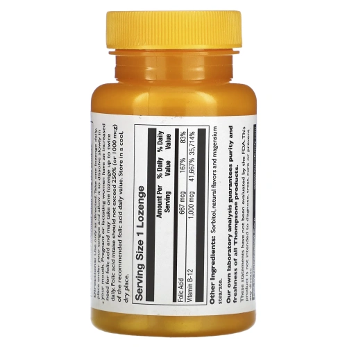 Thompson, B12 таблетки для рассасывания, натуральный аромат вишни, 1000 мкг, 30 таблеток для рассасывания
