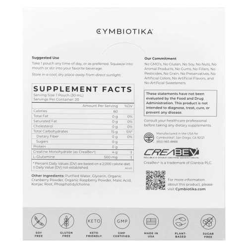Cymbiotika, Creatine +, малина, 20 пакетиков (30 мл)