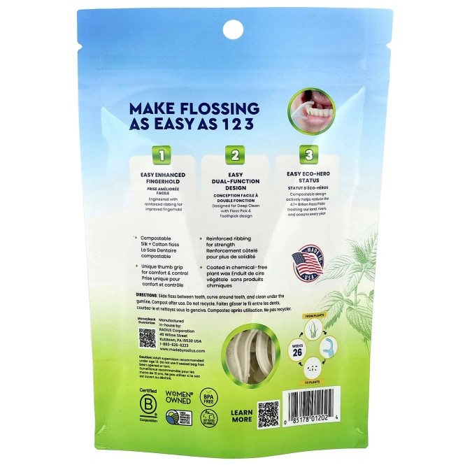 RADIUS, EcoClean Floss Picks ™, мятная мята, 50 компостируемых зубочисток