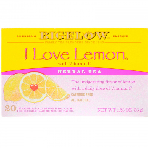 Bigelow, Herbal Tea, I Love Lemon with Vitamin C, Caffeine Free, 20 Tea Bags, 1.28 oz (36 g)