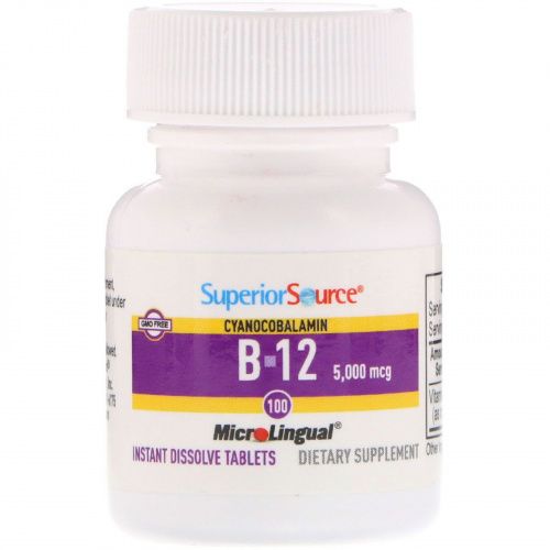 Superior Source, Цианокобаламин B-12, 5,000 мкг, 100 микролингвальных быстрорастворимых таблеток