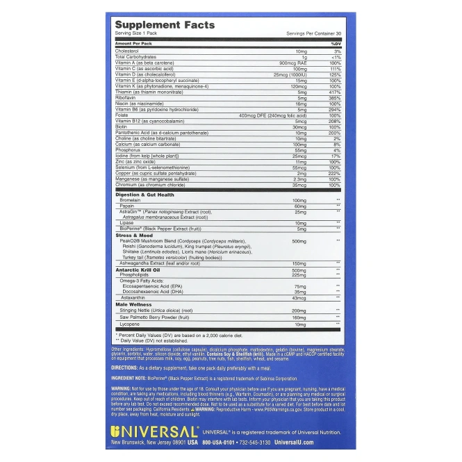 Universal U, Men's Total Health Pack, 30 Pill Packs