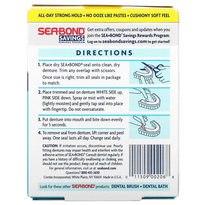 SeaBond, Адгезивные пломбы для зубных протезов, нижние, оригинальные, 30 шт.